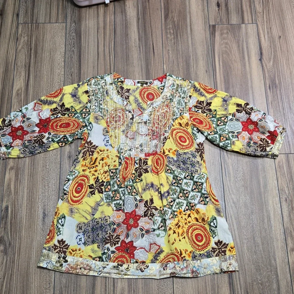 Globus Yellow Patchwork Sequin Embellished Tunic Top Kurti XL Boho V-Neck